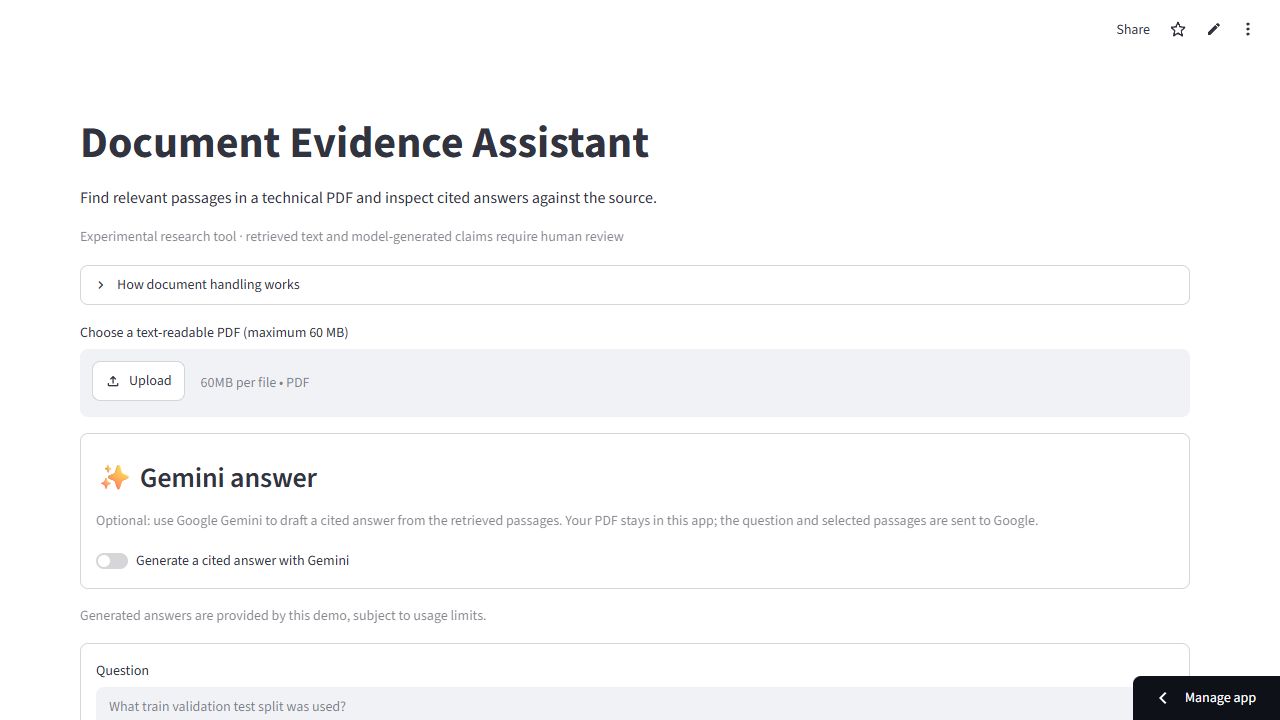 Document Evidence Assistant web app with PDF upload and cited-answer controls