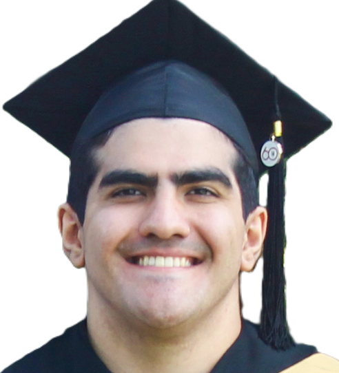 Mehdi wearing a graduation cap, with his neck visible and googly eyes