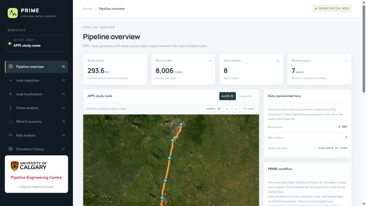 PRIME web app showing the pipeline route on an ArcGIS map